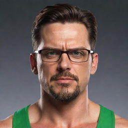 Render a portrait of a 40-year-old man with angular facial features, a long, angry face, pointy ears, and glasses. He has a goatee, is gaunt, and has green eyes and an angular nose. His chiseled jaw, slicked-back brown hair with undercut, and athletic body are highlighted. He is wearing swimwear.