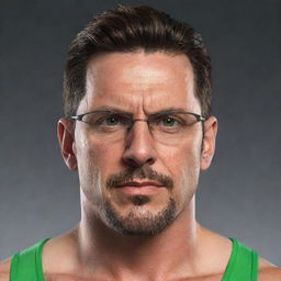 Render a portrait of a 40-year-old man with angular facial features, a long, angry face, pointy ears, and glasses. He has a goatee, is gaunt, and has green eyes and an angular nose. His chiseled jaw, slicked-back brown hair with undercut, and athletic body are highlighted. He is wearing swimwear.