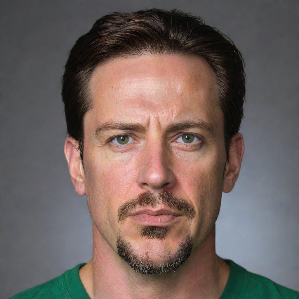 Produce a detailed portrait of a 40-year-old man with angular facial features, a long, angry face, pointy ears, glasses, a goatee, and a gaunt appearance. He has green eyes, an angular nose, a chiseled jaw, slicked-back brown hair with an undercut, and an athletic chiseled body, adorned in swimwear.