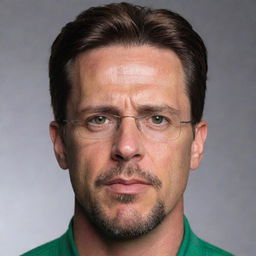 Produce a detailed portrait of a 40-year-old man with angular facial features, a long, angry face, pointy ears, glasses, a goatee, and a gaunt appearance. He has green eyes, an angular nose, a chiseled jaw, slicked-back brown hair with an undercut, and an athletic chiseled body, adorned in swimwear.