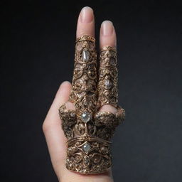 An extended human middle finger adorned with a detailed, ornate ring.