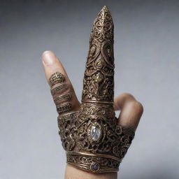 An extended human middle finger adorned with a detailed, ornate ring.