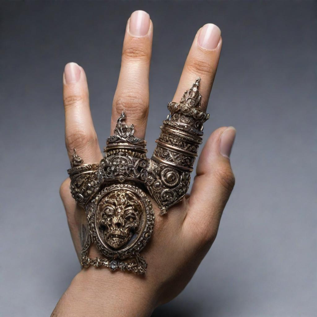 An extended human middle finger adorned with a detailed, ornate ring.