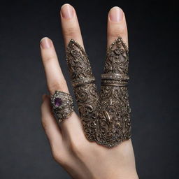 An extended human middle finger adorned with a detailed, ornate ring.