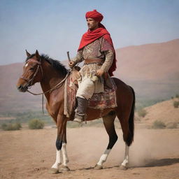 Amazigh knight adorned with a barnosa and turban, carrying a traditional Spanish rifle on his back, riding a Berber horse named Adham. Exude a sense of bravery and pride.