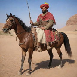 Amazigh knight adorned with a barnosa and turban, carrying a traditional Spanish rifle on his back, riding a Berber horse named Adham. Exude a sense of bravery and pride.