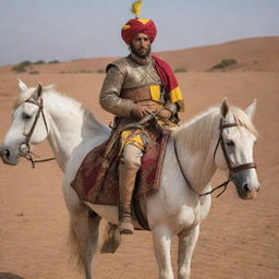 Amazigh knight adorned with a barnosa and turban, carrying a traditional Spanish rifle on his back, riding a Berber horse named Adham. Exude a sense of bravery and pride.