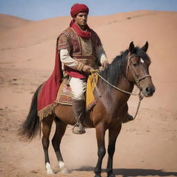 Amazigh knight adorned with a barnosa and turban, carrying a traditional Spanish rifle on his back, riding a Berber horse named Adham. Exude a sense of bravery and pride.