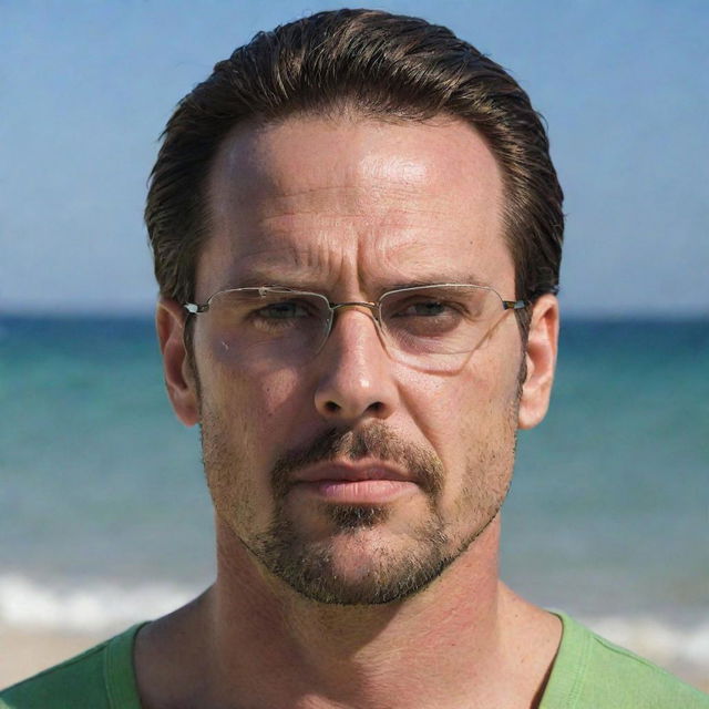 Generate a beach scene featuring a 40-year-old man with angular facial features, a long, angry face, pointy ears, glasses, a goatee, and a gaunt appearance. He has green eyes, an angular nose, a chiseled jaw, slicked-back brown hair with an undercut, and an athletic chiseled body, dressed in swimwear.