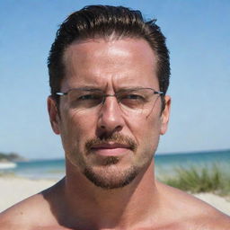 Generate a beach scene featuring a 40-year-old man with angular facial features, a long, angry face, pointy ears, glasses, a goatee, and a gaunt appearance. He has green eyes, an angular nose, a chiseled jaw, slicked-back brown hair with an undercut, and an athletic chiseled body, dressed in swimwear.