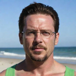 Generate a beach scene featuring a 40-year-old man with angular facial features, a long, angry face, pointy ears, glasses, a goatee, and a gaunt appearance. He has green eyes, an angular nose, a chiseled jaw, slicked-back brown hair with an undercut, and an athletic chiseled body, dressed in swimwear.