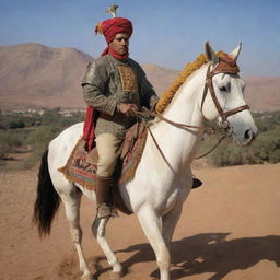 An Amazigh knight adorned with a barnosa and turban, bearing a traditional Spanish rifle on his back as he majestically rides a Berber horse named Adham.