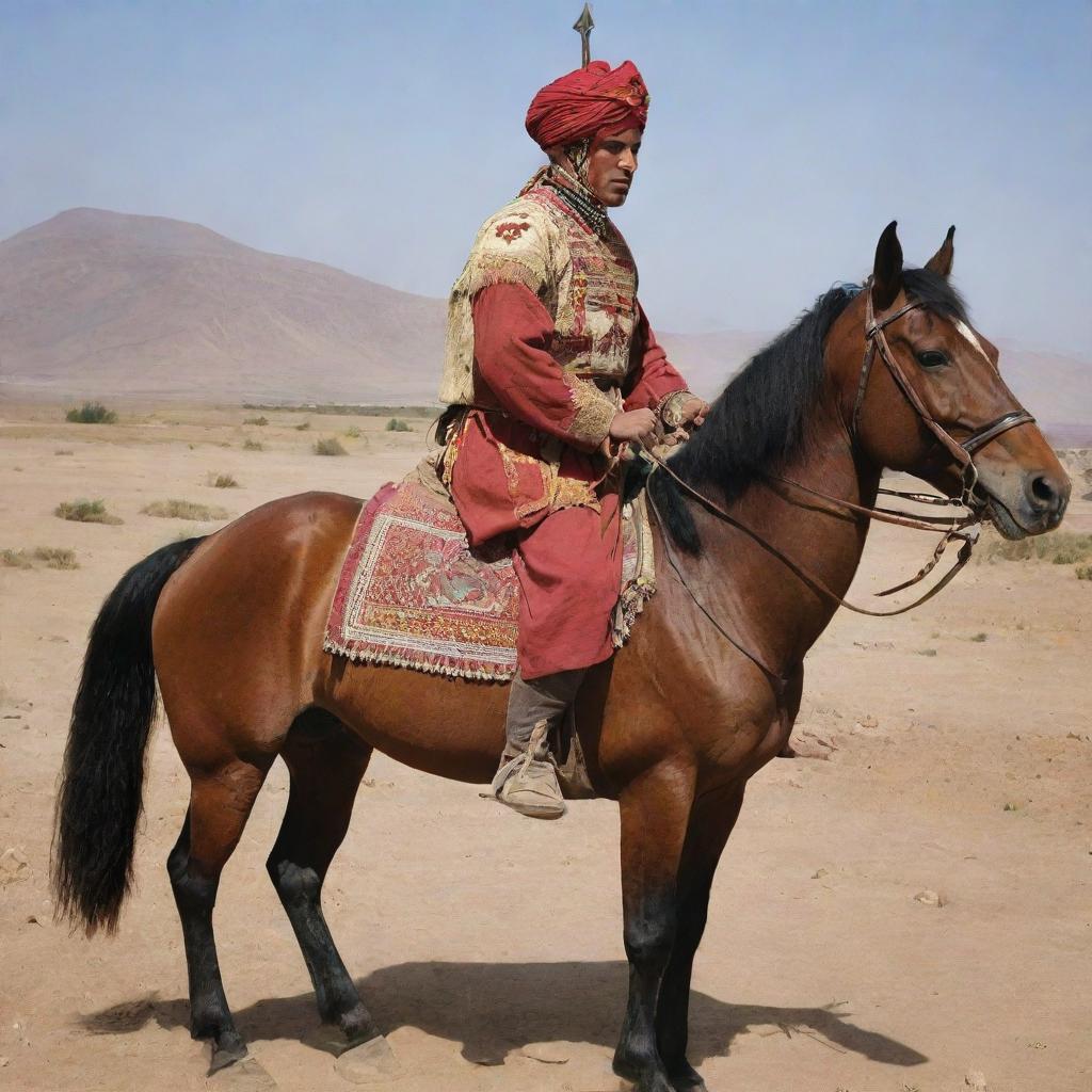 An Amazigh knight adorned with a barnosa and turban, bearing a traditional Spanish rifle on his back as he majestically rides a Berber horse named Adham.