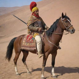 An Amazigh knight adorned with a barnosa and turban, bearing a traditional Spanish rifle on his back as he majestically rides a Berber horse named Adham.