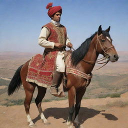 An Amazigh knight adorned with a barnosa and turban, bearing a traditional Spanish rifle on his back as he majestically rides a Berber horse named Adham.