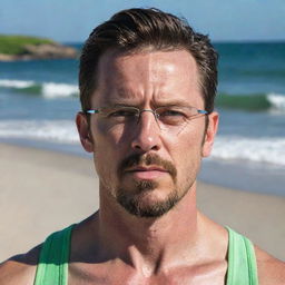 Create a full-body beach photo of a 40-year-old man with angular facial features, a long and angry face, pointy ears, glasses, a goatee, and gaunt look. He has green eyes, an angular nose, a chiseled jaw, slicked-back brown hair with an undercut, and a chiseled athletic body, wearing swimwear.