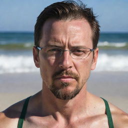 Create a full-body beach photo of a 40-year-old man with angular facial features, a long and angry face, pointy ears, glasses, a goatee, and gaunt look. He has green eyes, an angular nose, a chiseled jaw, slicked-back brown hair with an undercut, and a chiseled athletic body, wearing swimwear.