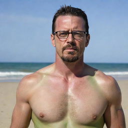 Craft a full body beach photo of a 40-year-old man with angular facial features, long, angry face, pointy ears, glasses and a goatee. He is gaunt with green eyes, angular nose, chiseled jaw, slicked back brown hair with undercut, and a muscular, athletic, chiseled body, dressed in swimwear.