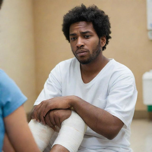 A person with visible injuries, such as bandages and a concerned expression, sitting in a well-lit hospital setting