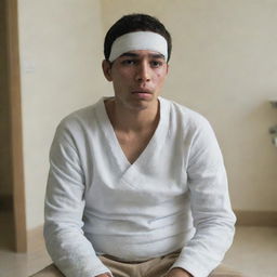 A person with visible injuries, such as bandages and a concerned expression, sitting in a well-lit hospital setting