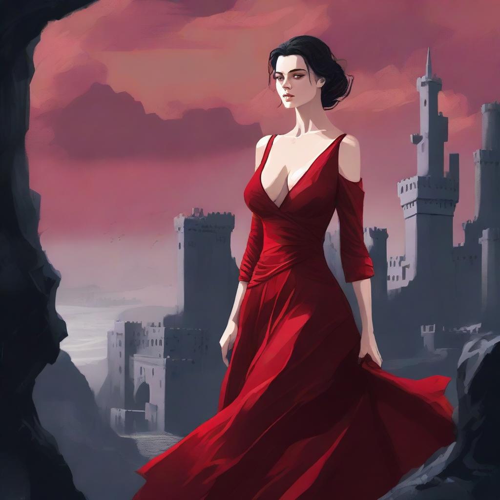 A high-quality digital art capturing an extremely attractive woman in a low-cut, crimson red dress, detailed to the finest stitch