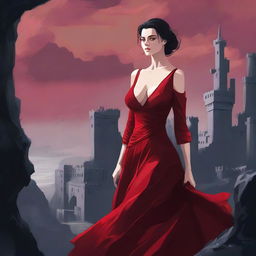 A high-quality digital art capturing an extremely attractive woman in a low-cut, crimson red dress, detailed to the finest stitch