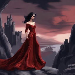 A high-quality digital art capturing an extremely attractive woman in a low-cut, crimson red dress, detailed to the finest stitch