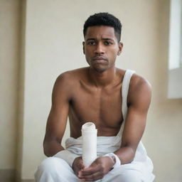 A person with visible injuries, such as bandages and a concerned expression, sitting in a well-lit hospital setting