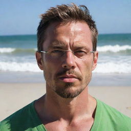 Generate a full-body beach photo of a 40-year-old man. He has angular facial features, a long, angry face, pointy ears, glasses, a goatee, and a gaunt slim face. His eyes are green, nose is angular, jaw is chiseled, and his undercut hair is greying brown. He has a muscular, athletic, chiseled body and is wearing swimwear.