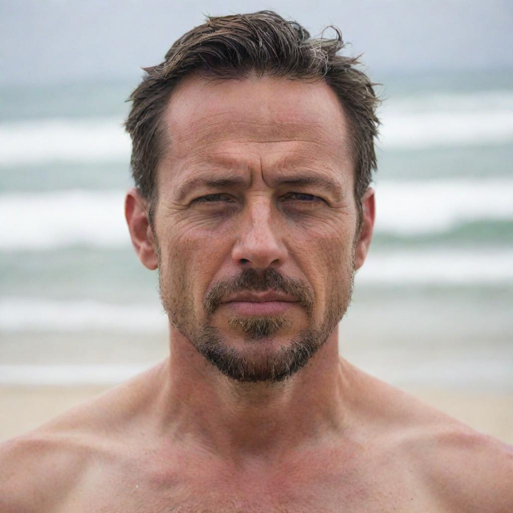 Generate a full-body beach photo of a 40-year-old man. He has angular facial features, a long, angry face, pointy ears, glasses, a goatee, and a gaunt slim face. His eyes are green, nose is angular, jaw is chiseled, and his undercut hair is greying brown. He has a muscular, athletic, chiseled body and is wearing swimwear.