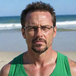 Generate a full-body beach photo of a 40-year-old man. He has angular facial features, a long, angry face, pointy ears, glasses, a goatee, and a gaunt slim face. His eyes are green, nose is angular, jaw is chiseled, and his undercut hair is greying brown. He has a muscular, athletic, chiseled body and is wearing swimwear.