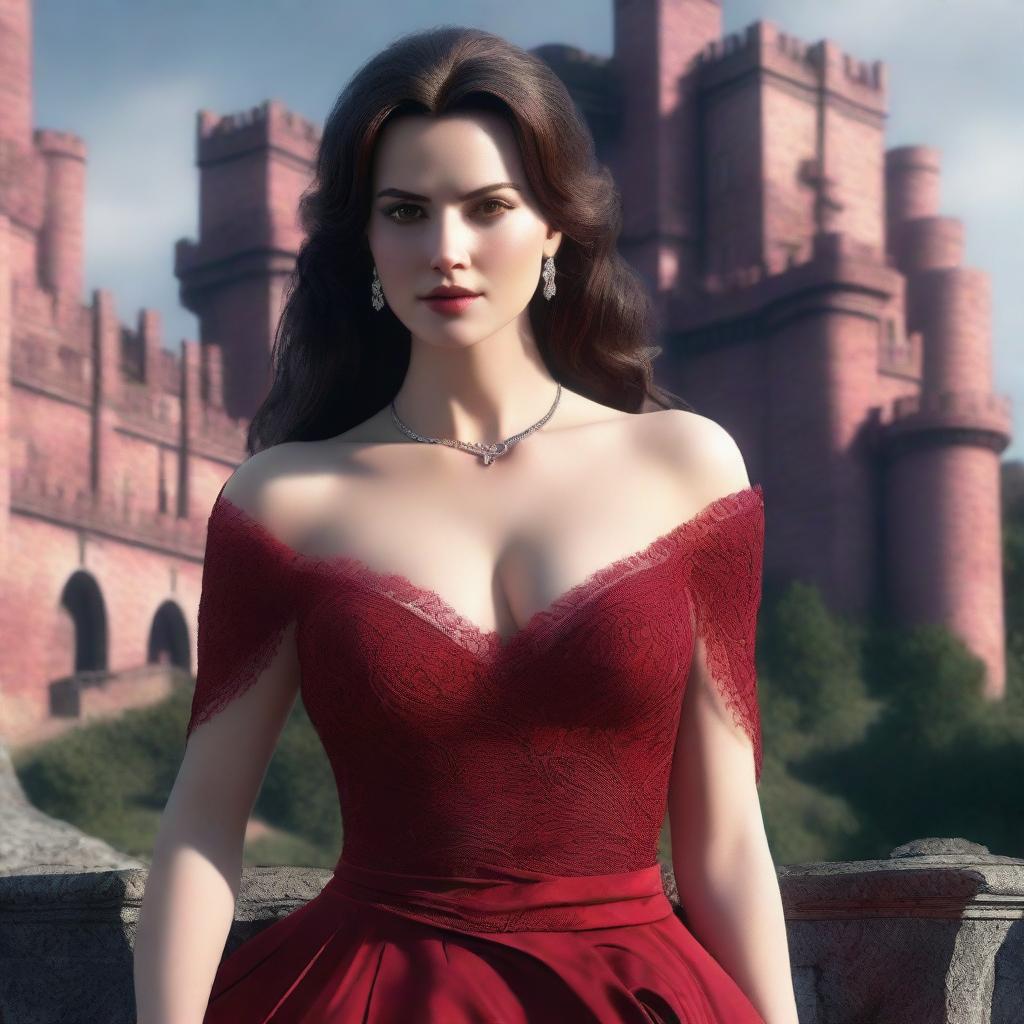 A hyper-realistic 3D render showcasing an extremely attractive woman in a low-cut, crimson red dress, her features and attire intricately detailed