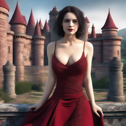 A hyper-realistic 3D render showcasing an extremely attractive woman in a low-cut, crimson red dress, her features and attire intricately detailed