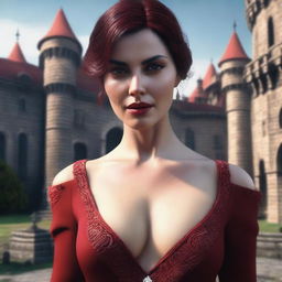 A hyper-realistic 3D render showcasing an extremely attractive woman in a low-cut, crimson red dress, her features and attire intricately detailed