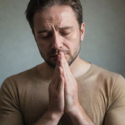 A deeply emotional scene of a man in prayer, his hands tightly clasped, eyes closed, conveying intense devotion and desperation.