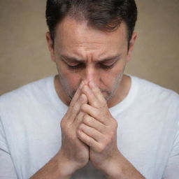 A deeply emotional scene of a man in prayer, his hands tightly clasped, eyes closed, conveying intense devotion and desperation.