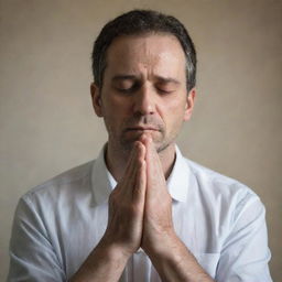 A deeply emotional scene of a man in prayer, his hands tightly clasped, eyes closed, conveying intense devotion and desperation.