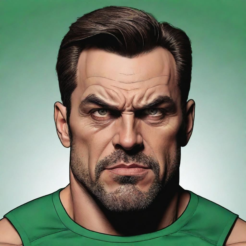 Create a DC comic style art piece displaying a 40-year-old man with a muscular, athletic body. He has angular facial features, a long angry face, pointy ears, glasses, a goatee, and a gaunt slim face. He has green eyes, an angular nose, a chiseled jaw, undercut greying brown hair, and is wearing swimwear.