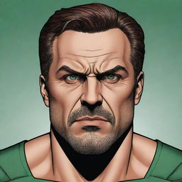 Create a DC comic style art piece displaying a 40-year-old man with a muscular, athletic body. He has angular facial features, a long angry face, pointy ears, glasses, a goatee, and a gaunt slim face. He has green eyes, an angular nose, a chiseled jaw, undercut greying brown hair, and is wearing swimwear.