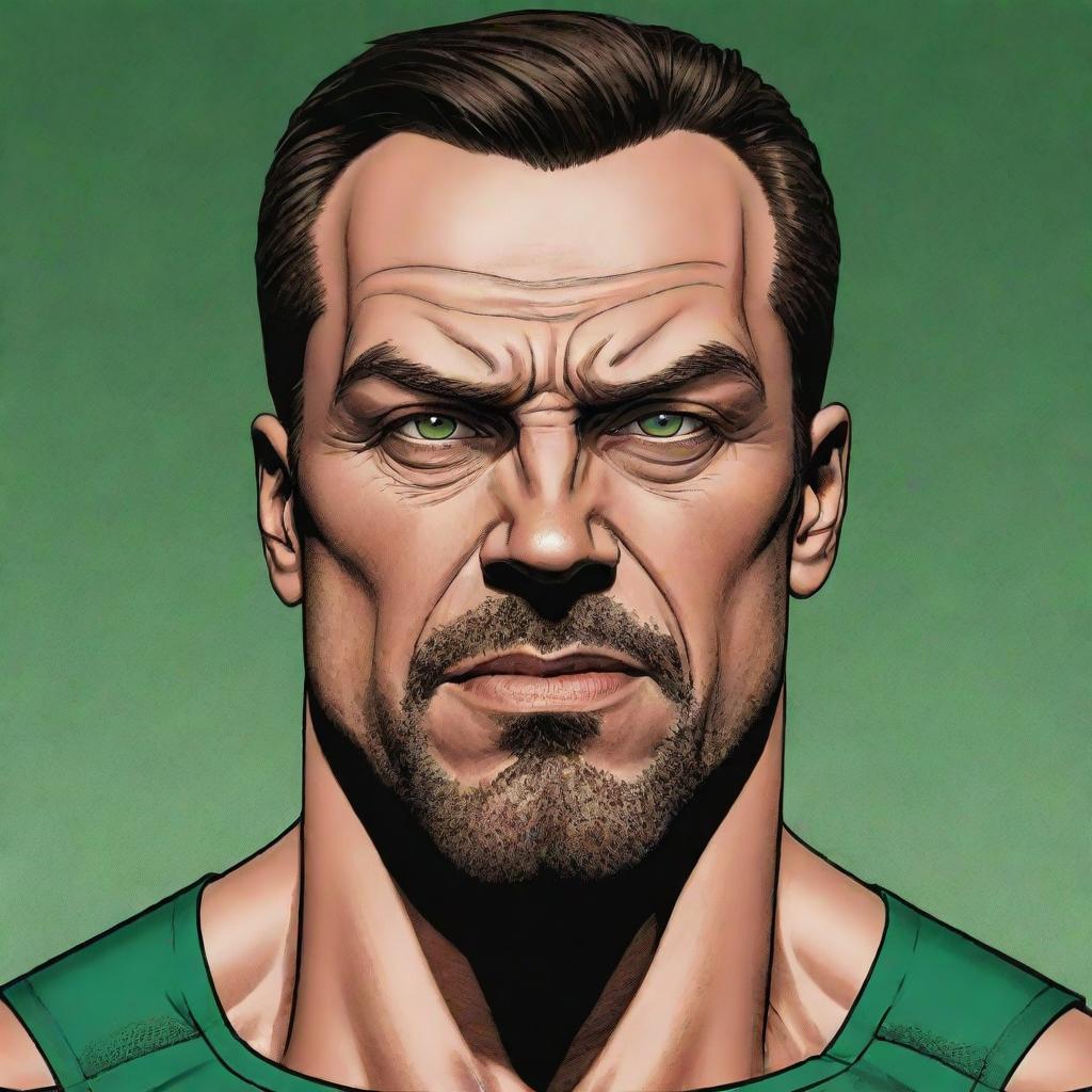 Create a DC comic style art piece displaying a 40-year-old man with a muscular, athletic body. He has angular facial features, a long angry face, pointy ears, glasses, a goatee, and a gaunt slim face. He has green eyes, an angular nose, a chiseled jaw, undercut greying brown hair, and is wearing swimwear.