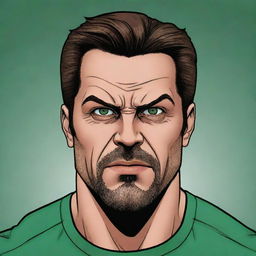 Create a DC comic style art piece displaying a 40-year-old man with a muscular, athletic body. He has angular facial features, a long angry face, pointy ears, glasses, a goatee, and a gaunt slim face. He has green eyes, an angular nose, a chiseled jaw, undercut greying brown hair, and is wearing swimwear.