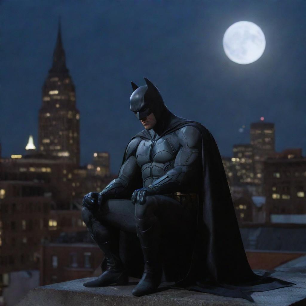 Batman sitting on a Gotham city rooftop under moonlight, his cape flapping in the wind, face showing signs of distress as he fights off sleep.