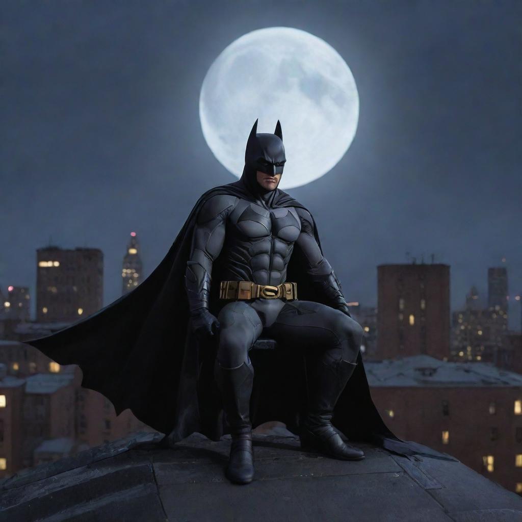 Batman sitting on a Gotham city rooftop under moonlight, his cape flapping in the wind, face showing signs of distress as he fights off sleep.