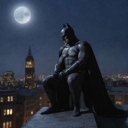 Batman sitting on a Gotham city rooftop under moonlight, his cape flapping in the wind, face showing signs of distress as he fights off sleep.