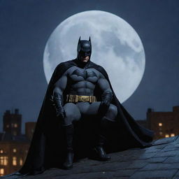 Batman sitting on a Gotham city rooftop under moonlight, his cape flapping in the wind, face showing signs of distress as he fights off sleep.