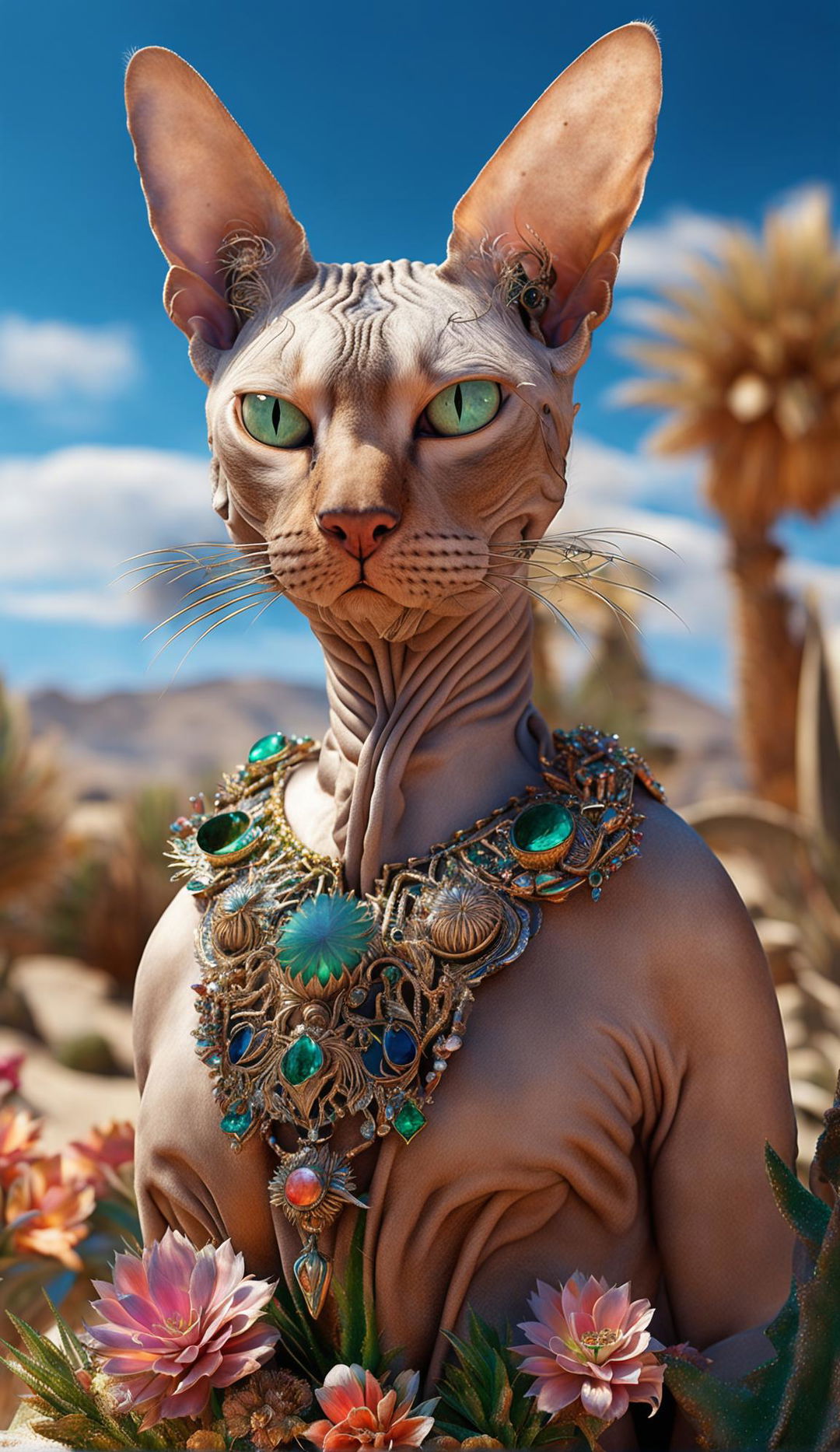 Hyper-realistic 3D photograph of a majestic Egyptian hairless cat in a vibrant desert landscape adorned with rococo-inspired collar and surrounded by blooming flowers.