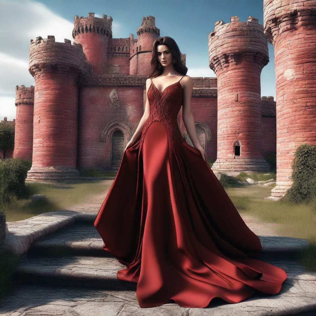 A hyper-realistic 3D render presenting a full body shot of an extremely attractive woman in a low-cut, crimson red dress, every detail meticulously crafted