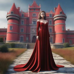 A hyper-realistic 3D render presenting a full body shot of an extremely attractive woman in a low-cut, crimson red dress, every detail meticulously crafted