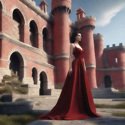 A hyper-realistic 3D render presenting a full body shot of an extremely attractive woman in a low-cut, crimson red dress, every detail meticulously crafted