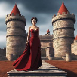 A hyper-realistic 3D render presenting a full body shot of an extremely attractive woman in a low-cut, crimson red dress, every detail meticulously crafted